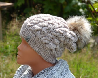 Cable Hand Knit Hat with Faux Fur Pom Pom Hat Chunky Beanie Hat Knitted Hat Women's Hat winter Hat Beige Warm Hat
