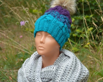 Cable Hand Knit Hat with Faux Fur Pom Pom Hat Chunky Beanie Hat Knitted Hat Women's Hat winter Hat Turquoise and Purple Warm Hat