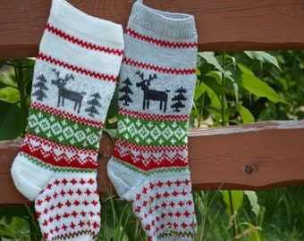 Personalized Christmas Stocking Hand Knitted  Christmas Gift Christmas Decoration Gray and White with Deer and Trees