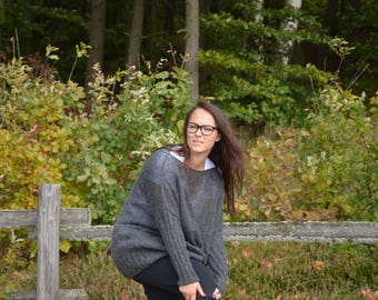 Oversized Plus Size Hand Knit Sweater Tunic Loose Knit Women's Sweater Grey