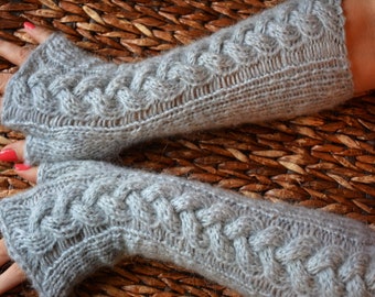 Hand Cable Knitted Fingerless Mittens  Gloves Gray Color Fingerless Long Fingerless  Arm Warmers Winter Gloves