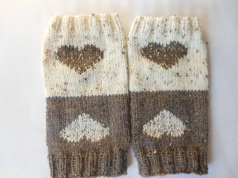 Hand Knitted Boot Cuffs Leg Warmers 2in1 Cream and Beige Tweed With Hearts image 4