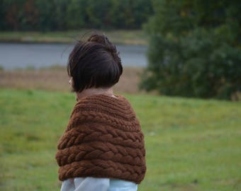 Cable Knitted Shawl Capelet Shrug Poncho Hand Knit Brown