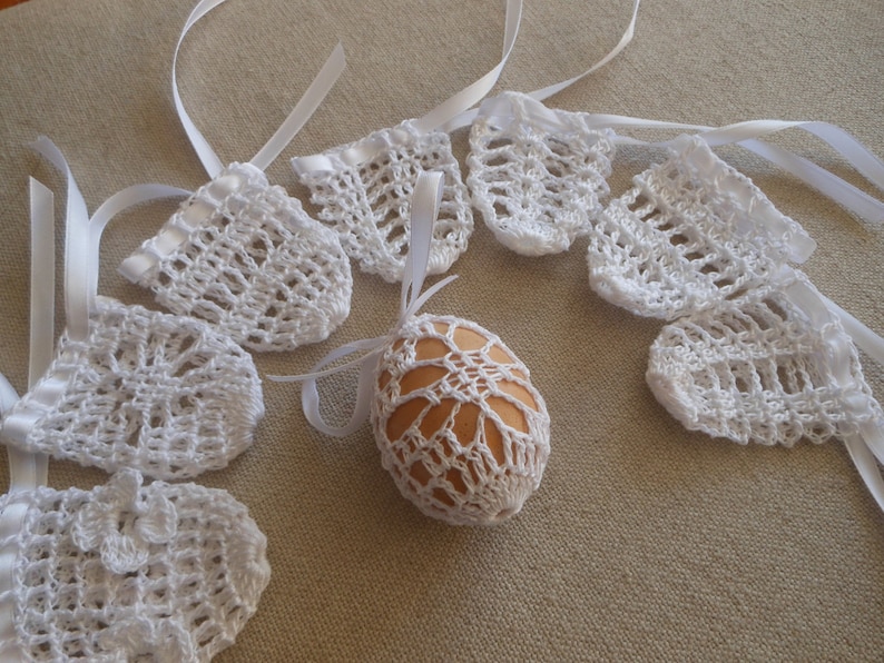 Crochet Easter Egg Cover, Set of 8 Hand Crocheted Easter Eggs Easter Decoration White image 2