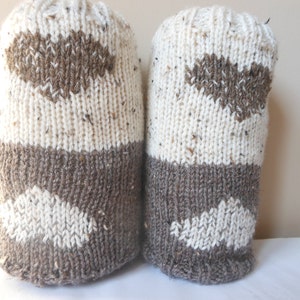 Hand Knitted Boot Cuffs Leg Warmers 2in1 Cream and Beige Tweed With Hearts image 2