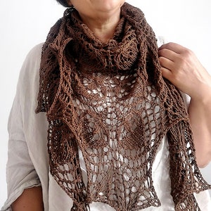 Lace Shawl Hand Knitted, Cotton Yarn Shawl, Triangular Cotton Shawl, Shoulder Wrap Brown Lace Crocheted