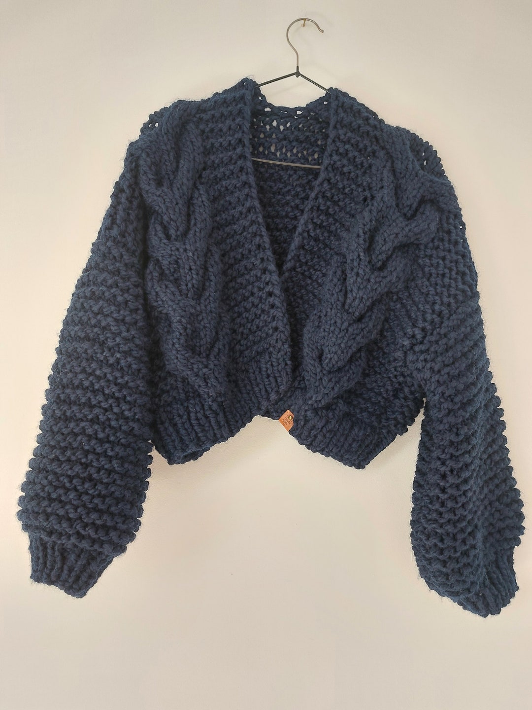 Navy Blue Chunky Knit Cardigan Blue Chunky Knit Cardigan, Cropped