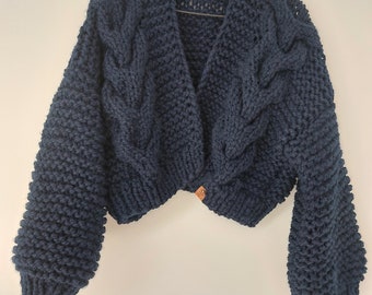 Chunky Knit Cardigan, Cropped Chunky Sweater, Oversized Hand Cable Knitted  Jumper, Open Style Navy Blue Sweater Women's Cozy, Wool Sweater