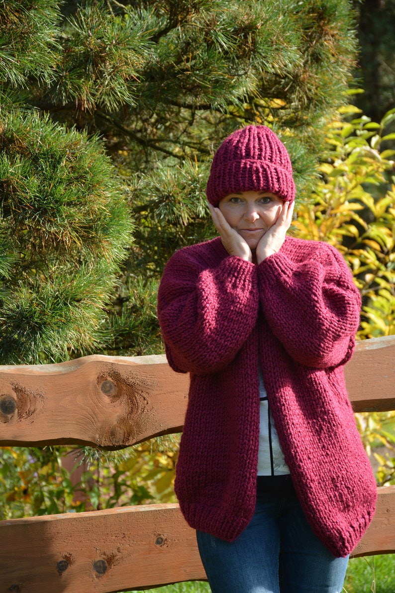 Oversized Hand Knit Cardigan, Chunky Sweater, Alpaca Wool Sweater, Open Style Cardigan, Chunky Jacket, Sweater Women's Cozy, Maroon image 7