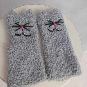 Crocheted Fingerless Mittens Gloves Grey Cats Handmade Gloves Animal Gloves image 9