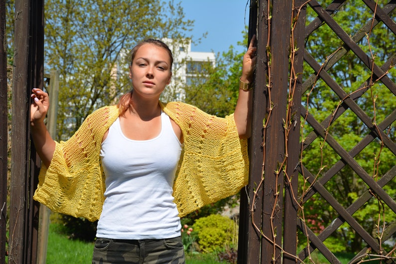 Hand Knitted Shrug Bolero Summer Shrug Lace Knitted Yellow Shrug Hand Knit Cotton Cardigan image 1