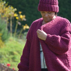 Oversized Hand Knit Cardigan, Chunky Sweater, Alpaca Wool Sweater, Open Style Cardigan, Chunky Jacket, Sweater Women's Cozy, Maroon image 2