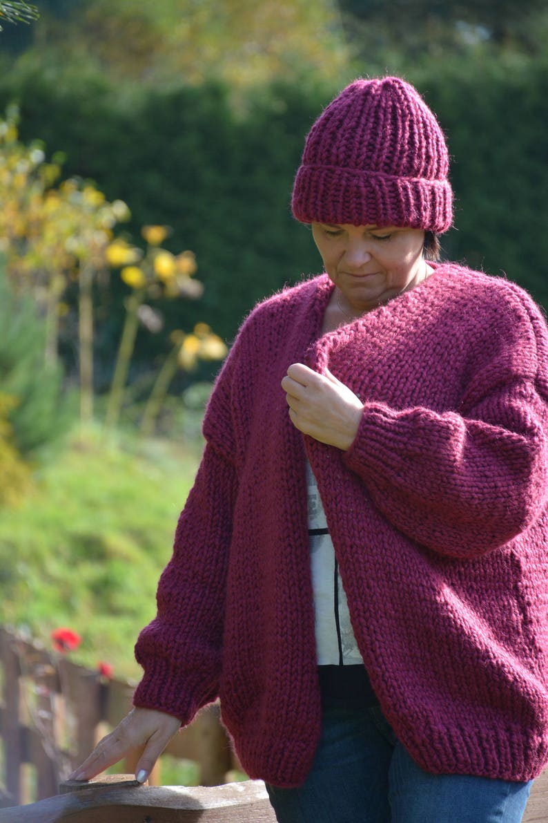 Oversized Hand Knit Cardigan, Chunky Sweater, Alpaca Wool Sweater, Open Style Cardigan, Chunky Jacket, Sweater Women's Cozy, Maroon image 2