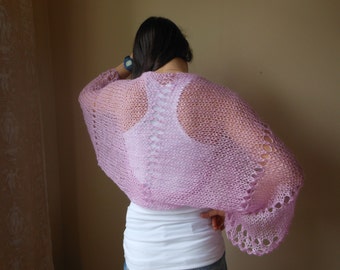 Hand Knitted  Shrug Bolero, Summer Shrug, Lace Pink Mohair Wrap, Shawl Lace Knitted