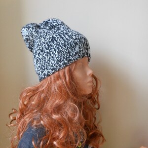 Hand Knit Slouchy Beanie Hat Acrylic Black and White blend image 2