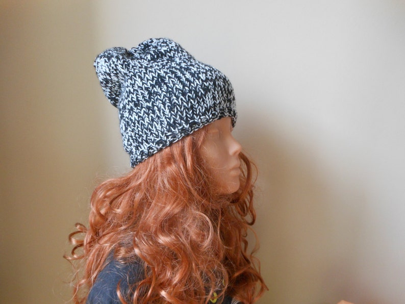 Hand Knit Slouchy Beanie Hat Acrylic Black and White blend image 2