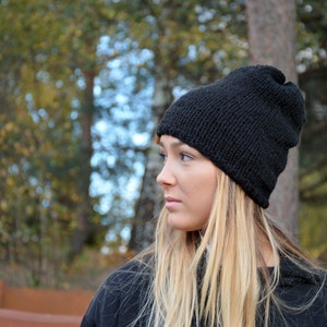 Hand Knit Slouchy Beanie Hat, Acrylic Black Unisex Winter Hat, Knitted Chunky Hat, image 7