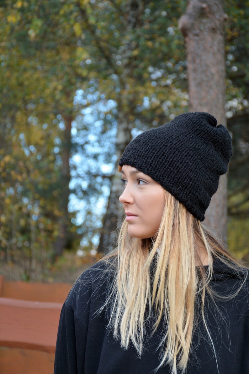 Hand Knit Slouchy Beanie Hat, Acrylic Black Unisex Winter Hat, Knitted Chunky Hat, image 7