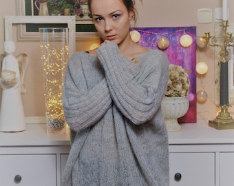 Oversize Plus Size Maglione a maglia a mano Tunic Loose Knit Maglione da donna Poncho Grigio