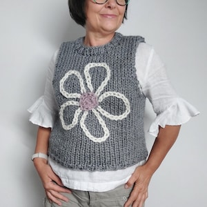 Handmade Chunky Knit Vest with Embroidered Flower | Alpaca Wool Blend | One Size Grey Sweater