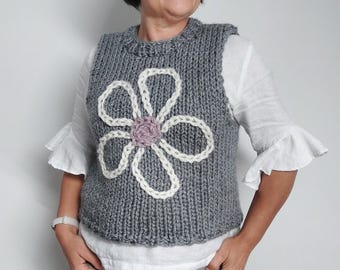 Handmade Chunky Knit Vest with Embroidered Flower | Alpaca Wool Blend | One Size Grey Sweater