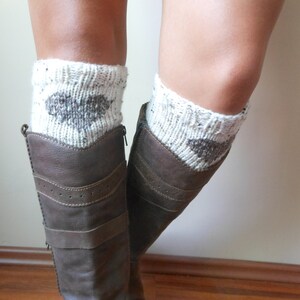 Hand Knitted Boot Cuffs Leg Warmers 2in1 Cream and Beige Tweed With Hearts image 3