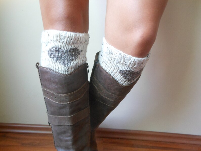 Hand Knitted Boot Cuffs Leg Warmers 2in1 Cream and Beige Tweed With Hearts image 3