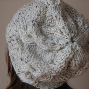 Hand Knit Cable Slouchy Beanie Hat Acrylic Oatmeal image 4