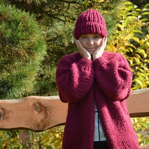 Hand Knit Hat Alpaca Wool Hat Maroon Chunky Beanie Hat Knitted Hat Women's Hat winter Hat image 5