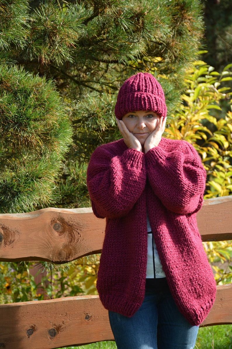 Hand Knit Hat Alpaca Wool Hat Maroon Chunky Beanie Hat Knitted Hat Women's Hat winter Hat image 5