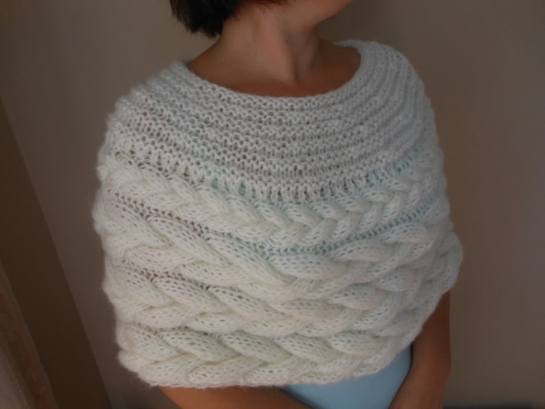 Cable Knitted Shawl Capelet Wedding Shrug Poncho Neck Warmer Cream/Ivory image 1