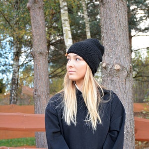 Hand Knit Slouchy Beanie Hat, Acrylic Black Unisex Winter Hat, Knitted Chunky Hat, image 3