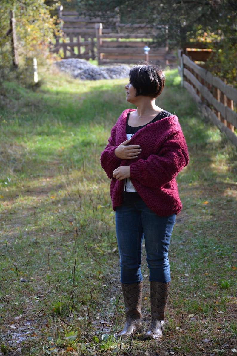 Oversized Hand Knit Cardigan, Chunky Sweater, Alpaca Wool Sweater, Open Style Cardigan, Chunky Jacket, Sweater Women's Cozy, Maroon image 3