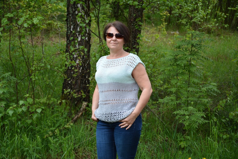 Cotton Summer Blouse Top Oversized Hand Knit Summer Sweater Handmade Cotton Blouse Loose Knit Women/'s Sweater Grey and Pastel Green