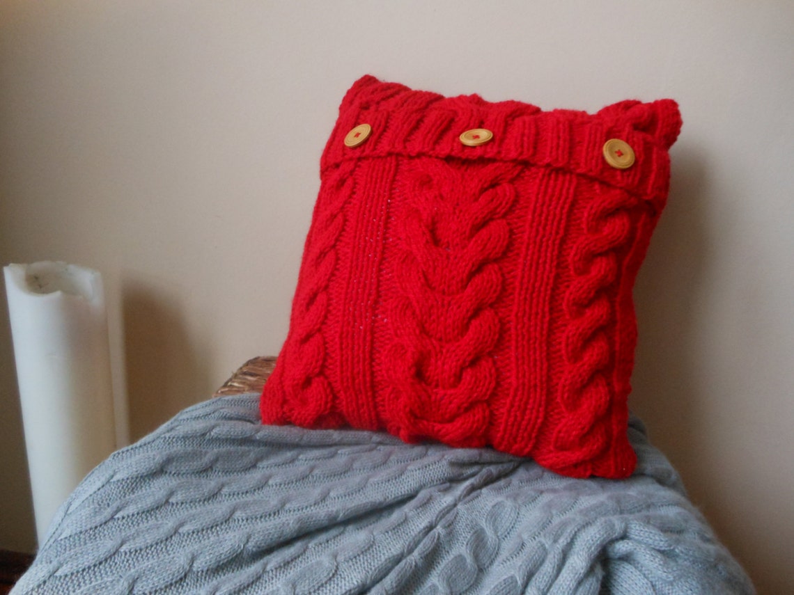 Cable Hand Knit Pillow Cover Pillow Red Pillow Decorative Knit Etsy