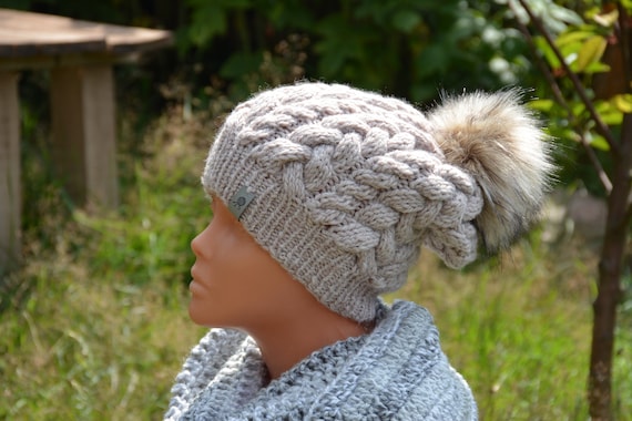 Faux Fur Pom Pom Hat Chunky Beanie 
