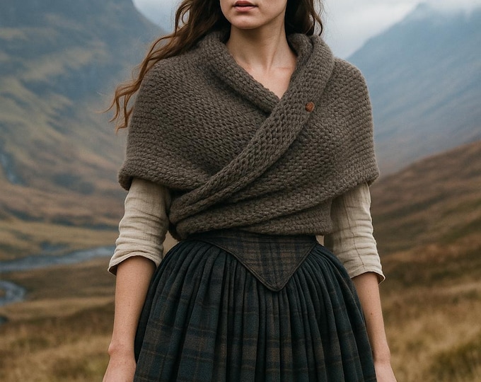 Hand-Knitted Claire Shawl Outlander Inspired – Beige Wrap – One Size Fits S/M/L/XL – Cozy Wool Blend