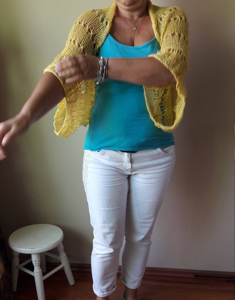 Hand Knitted Shrug Bolero Summer Shrug Lace Knitted Yellow Shrug Hand Knit Cotton Cardigan image 8