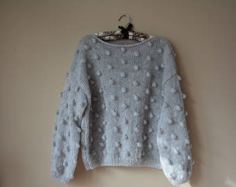 Hand Knit Popcorn Sweater, Loose Knit Women's Sweater, Grey Bubble Knit Sweater, Mohair Bubble Pullover