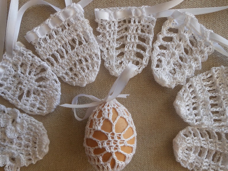 Crochet Easter Egg Cover, Set of 8 Hand Crocheted Easter Eggs Easter Decoration White image 1