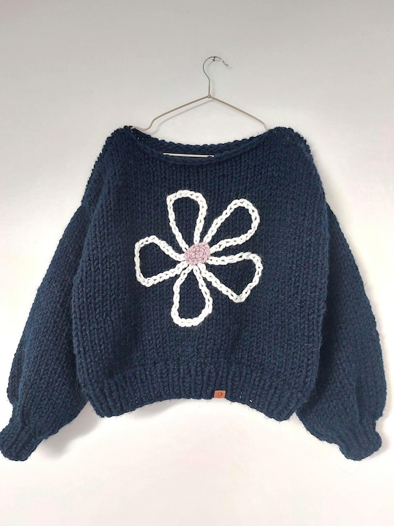 Handmade Chunky Knit Sweater with Crochet Flower Oversized Boho  Embroidered Sweater Cozy Navy Blue Jumper Gift for Her