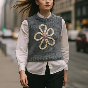 Handmade Chunky Knit Vest with Embroidered Flower | Alpaca Wool Blend | One Size Grey Sweater