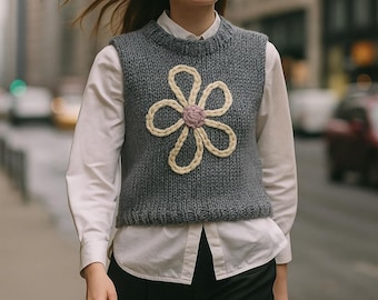 Handmade Chunky Knit Vest with Embroidered Flower | Alpaca Wool Blend | One Size Grey Sweater