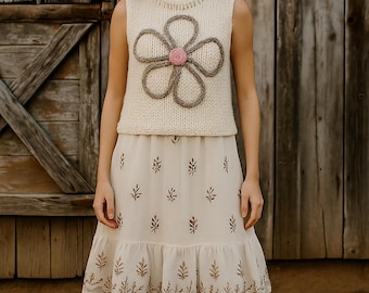 Handmade Chunky Knit Vest: Alpaca Wool Blend with Embroidered Flower