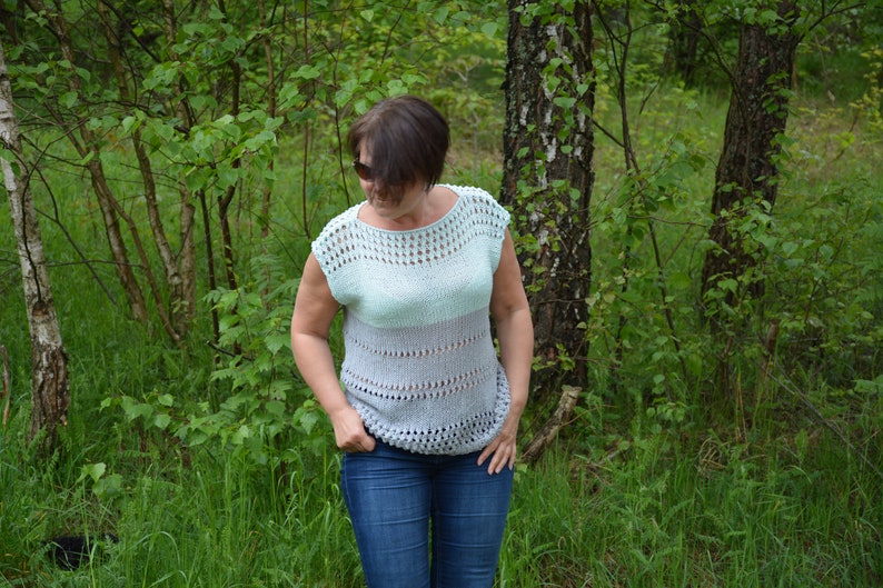 Cotton Summer Blouse Top Oversized Hand Knit Summer Sweater Handmade Cotton Blouse Loose Knit Women/'s Sweater Grey and Pastel Green