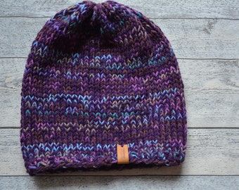 Hand Knit Slouchy Beanie Hat Acrylic Purple Two-sided Hat Unisex Hat Winter Cozy Hat