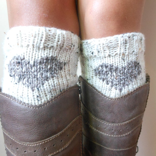 Hand Knitted Boot Cuffs Leg Warmers With Heart Cream and Beige Tweed