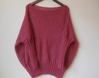 Oversized Plus Size Hand Knit Sweater Tunic Loose Knit Women's Sweater Coral/Pink