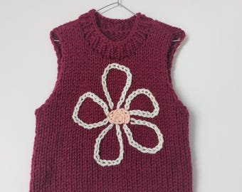 Gilet Sans Manches Vintage Tricoté Motif Abstrait – Femme Taille L – Chunky Knit