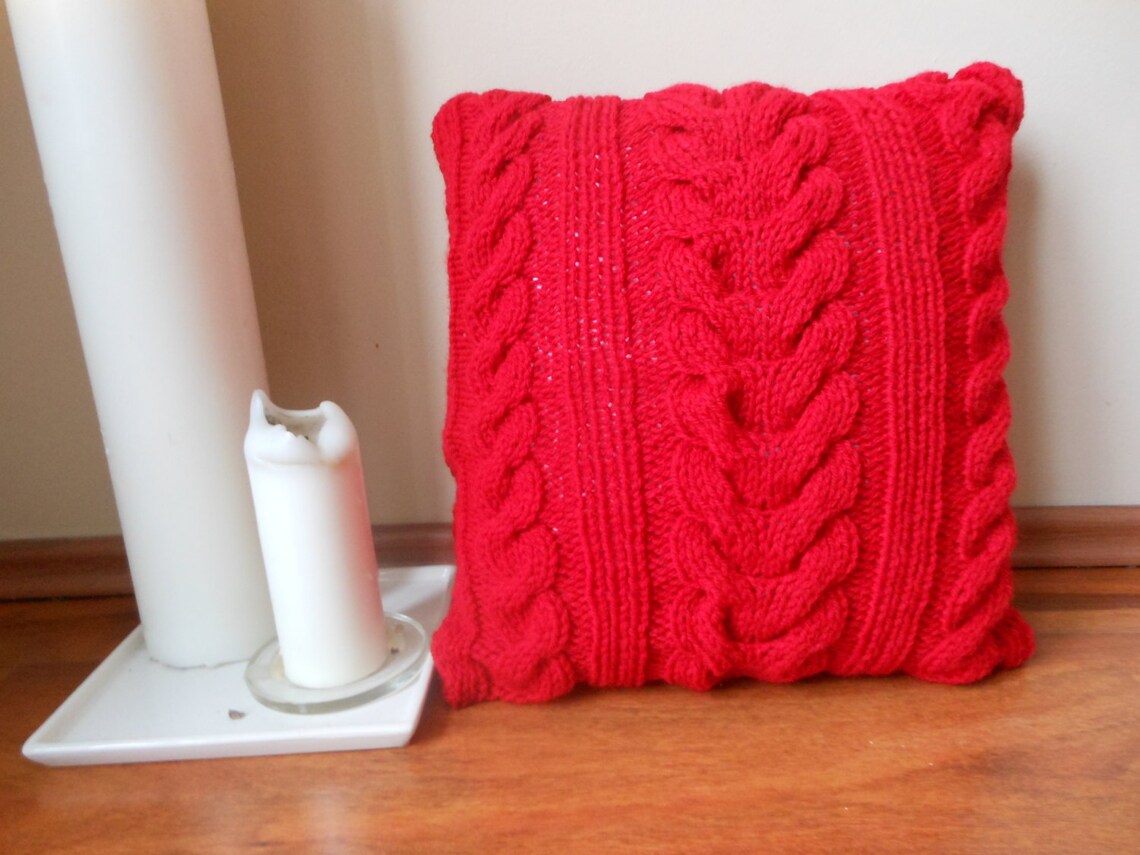 Cable Hand Knit Pillow Cover Pillow Red Pillow Decorative Knit Etsy